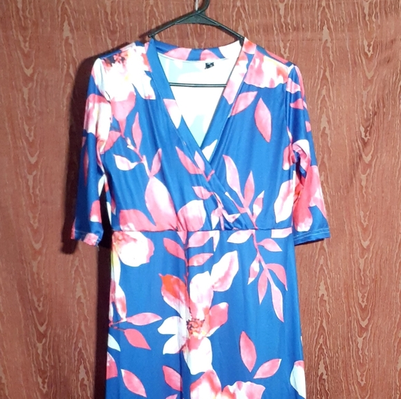 HAOOHU FLORAL MAXI DRESS WOMEN'S SIZE XL PINK BLUE V-NECK - Picture 1 of 10